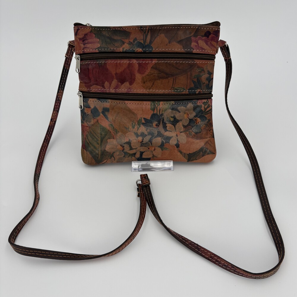 Vintage Genuine Leather Triple Zip Crossbody Bag Floral Print Travel Pouch